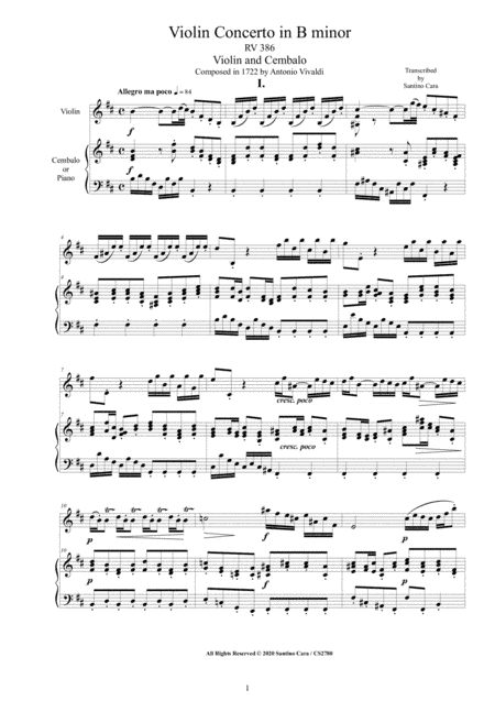 Vivaldi - Violin Concerto in B minor RV 386 for Violin and Cembalo (or Piano) (arr. Santino Cara)