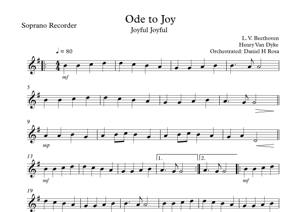 Ode to Joy - Joyful Joyful - Easy Soprano Recorder (arr. Daniel H Rosa)