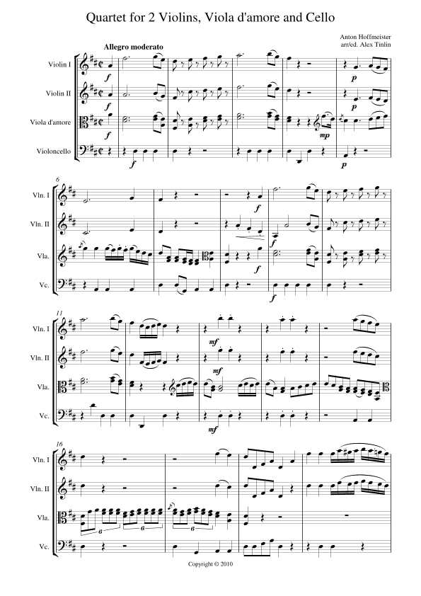 Quartet in D Major for 2 Violins. Viola d'amore and Cello (arr. Alex Tinlin)