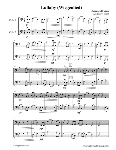 Brahms Lullaby (Wiegenlied) for two beginner cellos, cello duet, celli (arr. Yellow Cello Music)