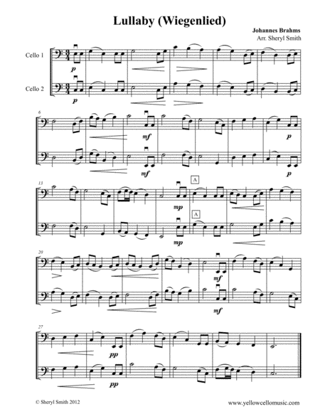 Brahms Lullaby (Wiegenlied) for two beginner cellos, cello duet, celli (arr. Yellow Cello Music)