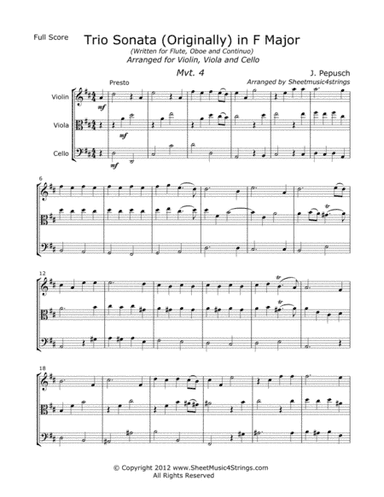 Pepusch, J. - Sonata in F (Mvt. 4) for Violin Viola and Cello (arr. Linda M. Scott)