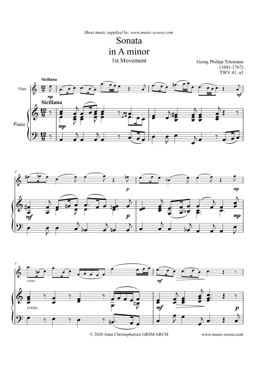 Telemann Sonata in A Minor TWV 41:a3, 1st Movement: Siciliano - Flute and Piano (arr. Anne L Christopherson GRSM ARCM)