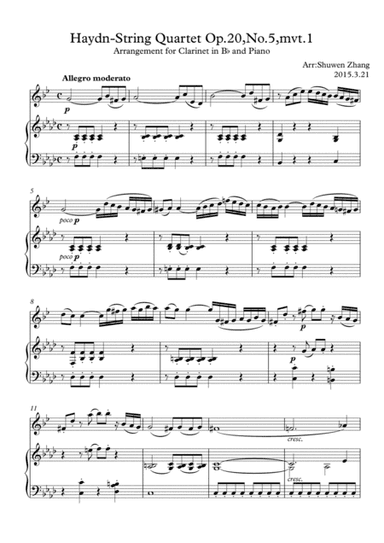 Haydn-String Quartet,Op.20,No.5,mvt.1(for clarinet in B-flat and piano)[Full Score only] (arr. Schuwenn Z.)