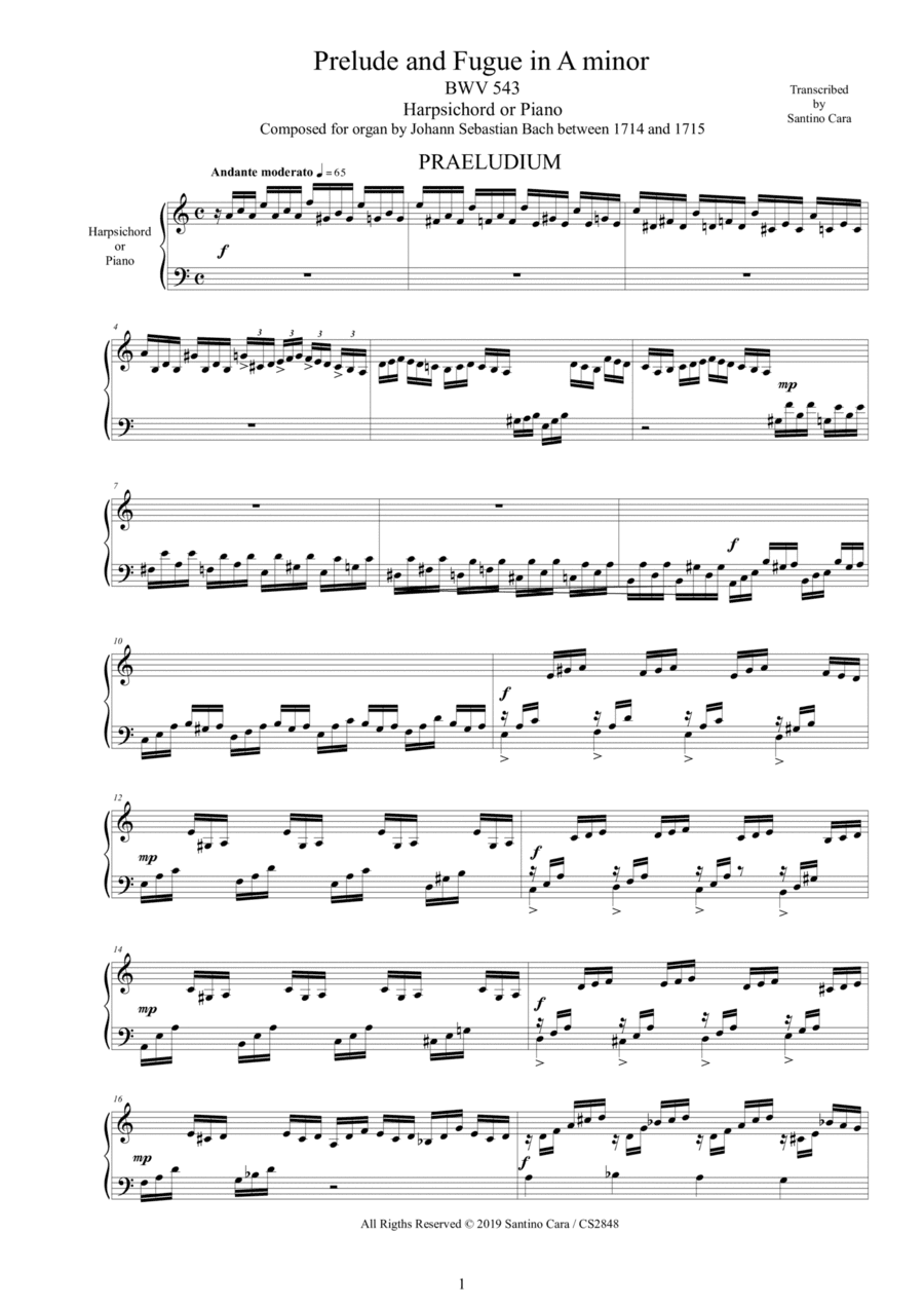 Bach - Prelude and Fugue in A minor BWV 543 for Harpsichord or Piano (arr. Santino Cara)