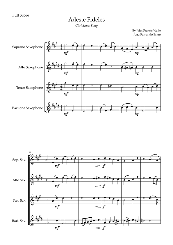 Adeste Fideles (Christmas Song) for Saxophone Quartet (arr. Fernando Britto)