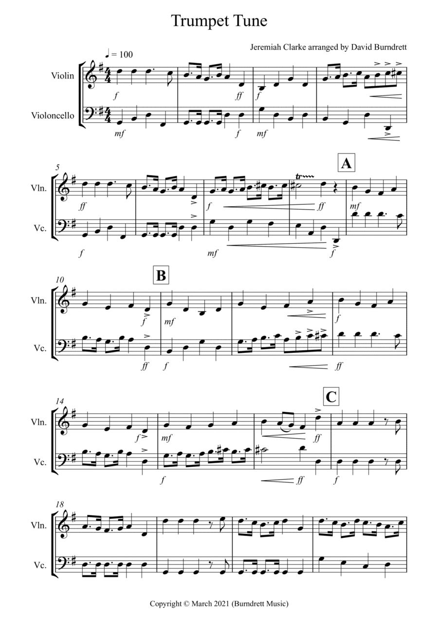 Trumpet Tune for Violin and Cello Duet (arr. David Burndrett)