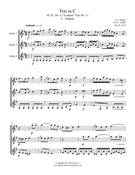 Trio in C, H. IV, No. 1 - ii - Andante (Guitar Trio) - Score and Parts (arr. Kevin Love)