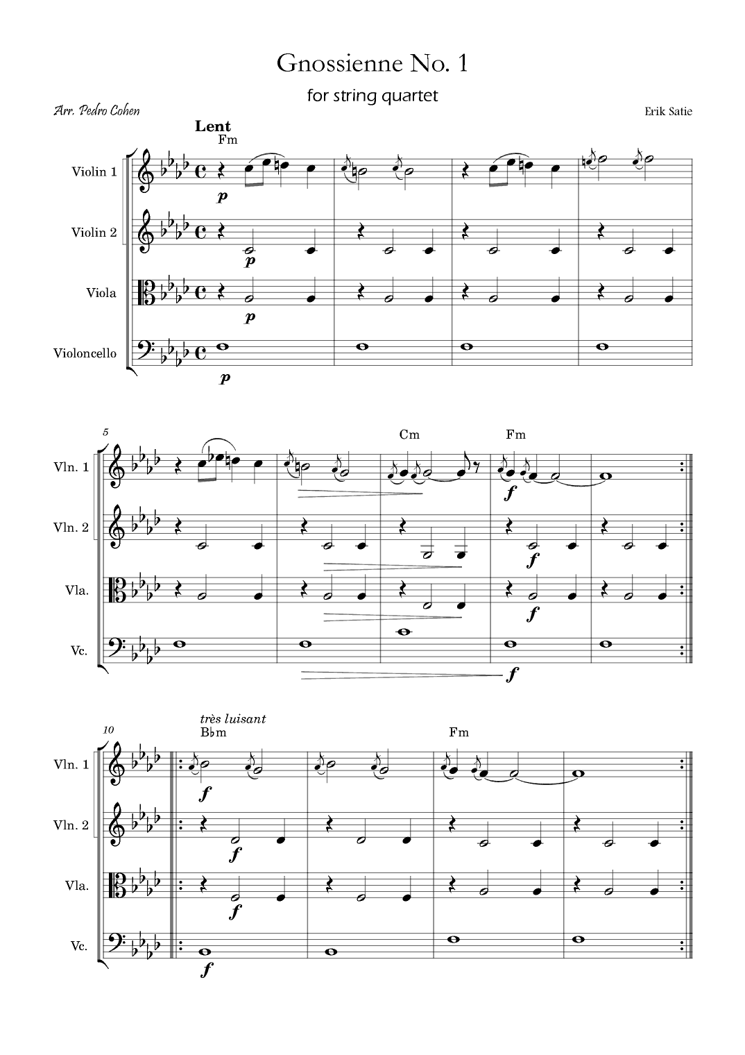 Gnossienne No. 1 – for String Quartet with chords (arr. Pedro Cohen)