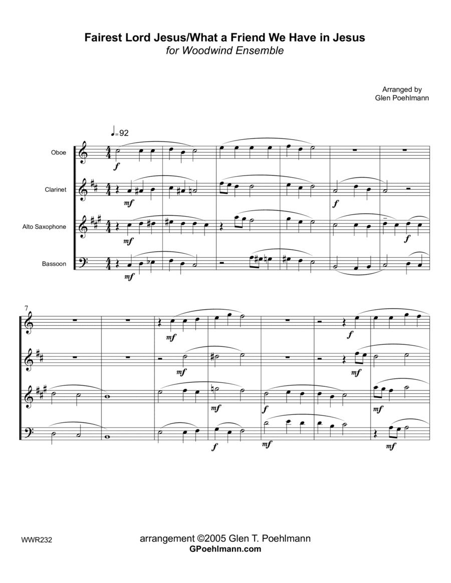 FAIREST LORD JESUS/WHAT A FRIEND WE HAVE IN JESUS - Oboe (or Flute), Clarinet, Alto Sax & Bassoon (arr. Glen Poehlmann)