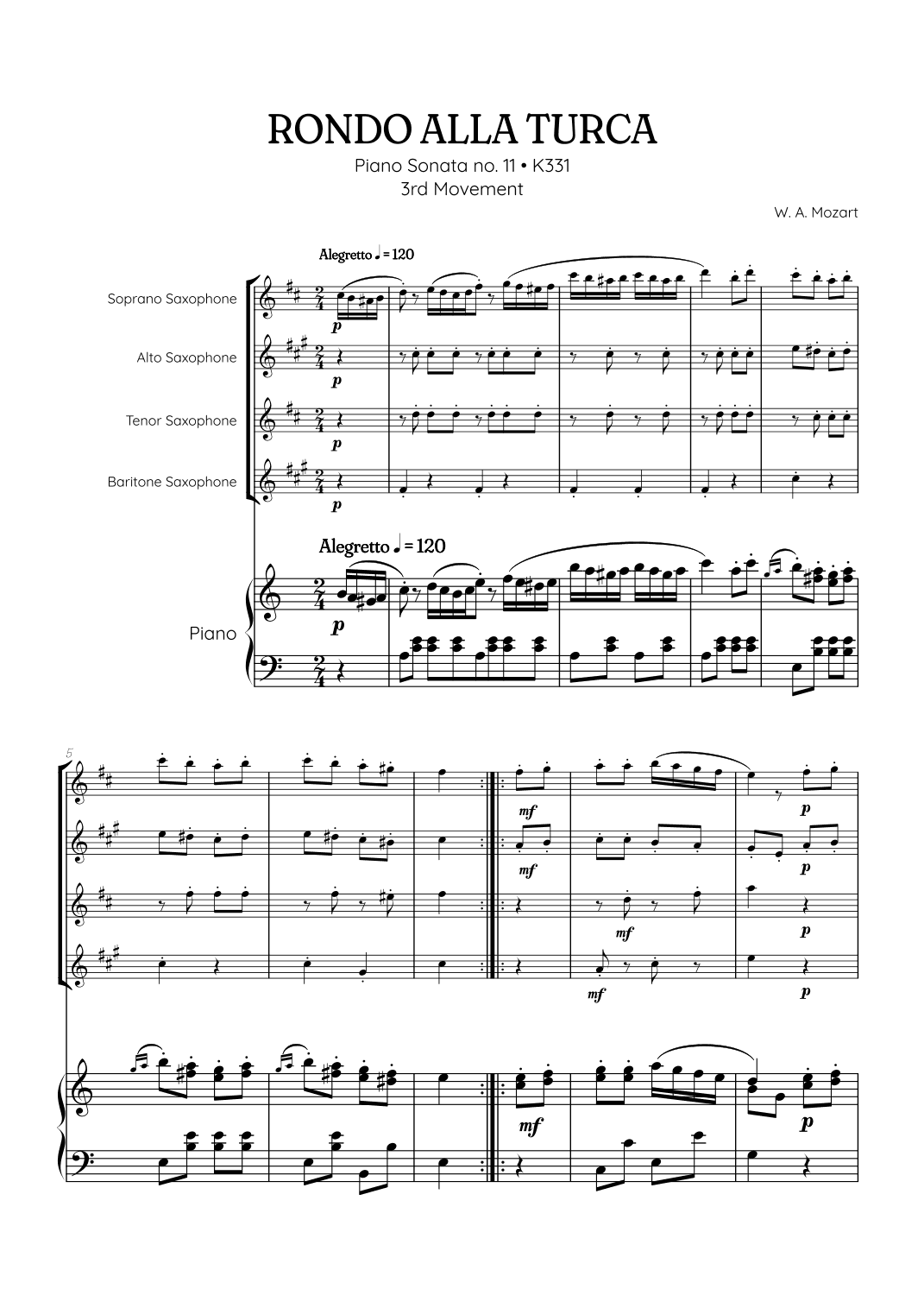 Rondo Alla Turca (Turkish March) | Sax Quartet Sheet Music (w/ piano) (arr. Benzaiten Editions)