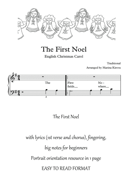 The First Noel - Piano Solo for Beginners in EASY TO READ FORMAT (arr. Marina Kirova)