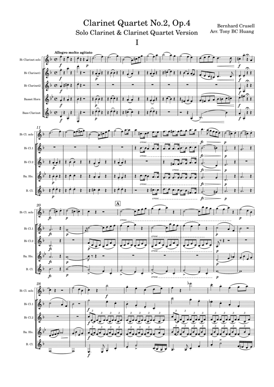 Crusell Clarinet Quartet No2, Op.4, Solo Clarinet & Clarinet Quartet Version (arr. Tony BC Huang)