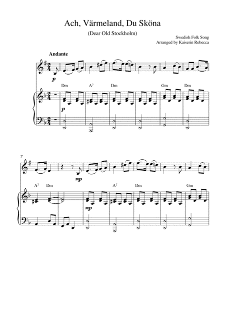 Ach, Värmeland, Du Sköna (Dear Old Stockholm) (Bb clarinet solo and piano accompaniment) (arr. Kaiserin Rebecca)