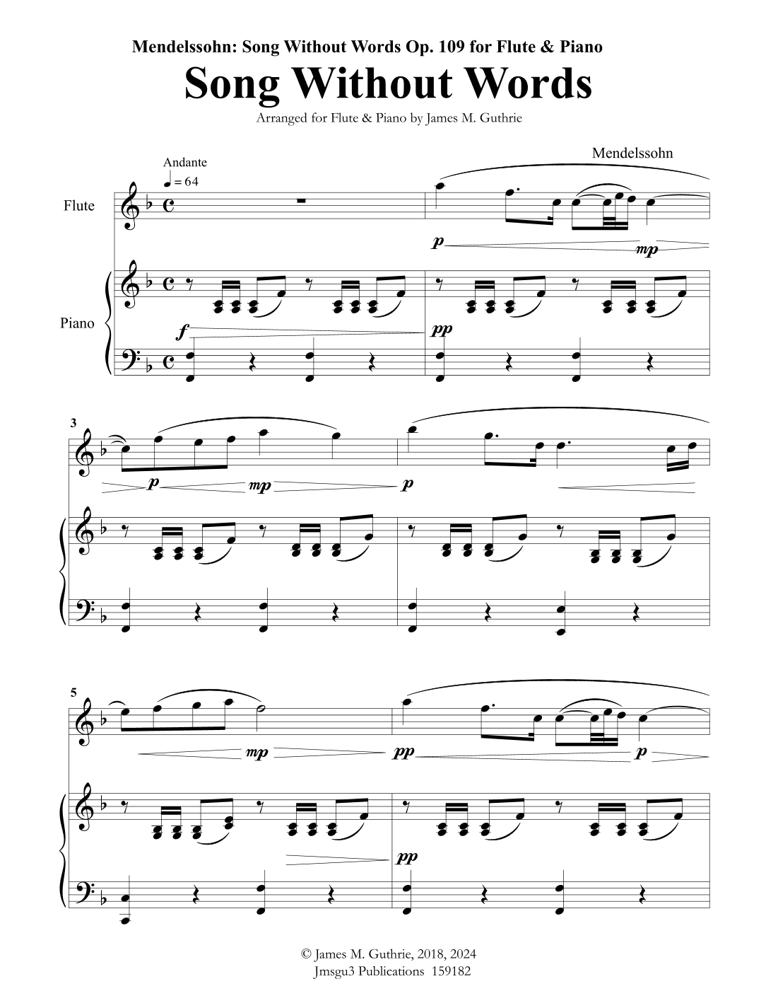 Mendelssohn: Song Without Words Op. 109 for Flute & Piano (arr. James M. Guthrie, ASCAP)