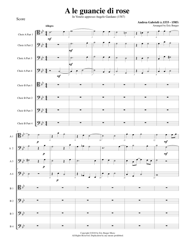 A le guancie di rose for Trombone or Low Brass Octet (arr. Eric Burger Music)