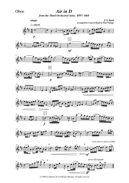 Johann Sebastian Bach/Wehage, Air in D from the Third orchestral suite, BWV 1068 arranged for concer (arr. Musik Fabrik Music Publishing)