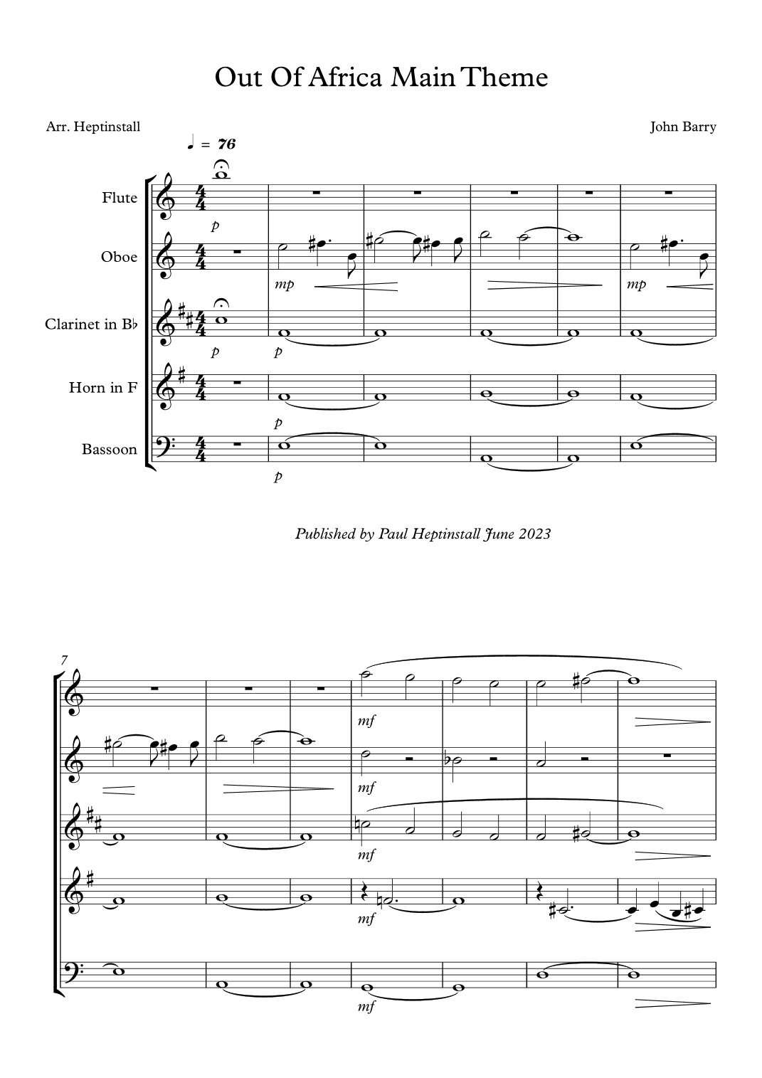 I Had A Farm In Africa (main Title) - Score Only (arr. Paul Heptinstall)