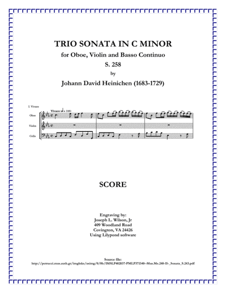 Heinichen Trio Sonata in C Minor for Oboe, Violin and B.C., S. 258 (arr. Joseph L. Wilson, Jr.)