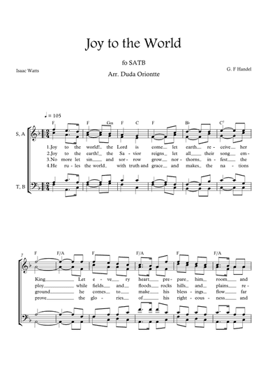 Joy to the World (F major - SATB - with chords - no piano - four staff) (arr. Duda Oriontte)