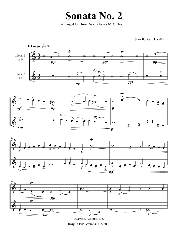Loeillet: Sonata No. 2 for French Horn Duo (arr. James M. Guthrie)