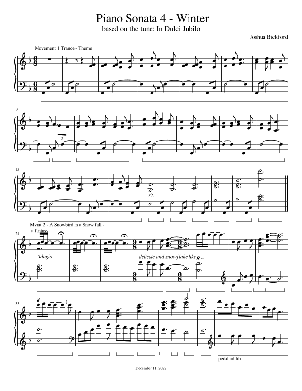 Piano Sonata 4, Winter, based on the tune: In Dulci Jubilo (arr. Joshua Bickford)
