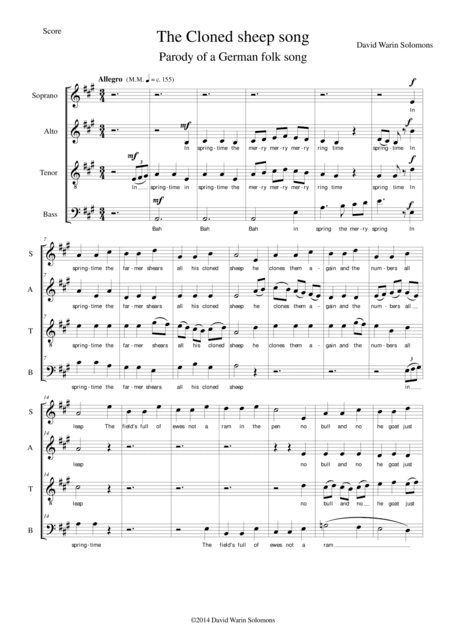 The Cloned sheep song for mixed choir (SATB) (arr. David Warin Solomons)