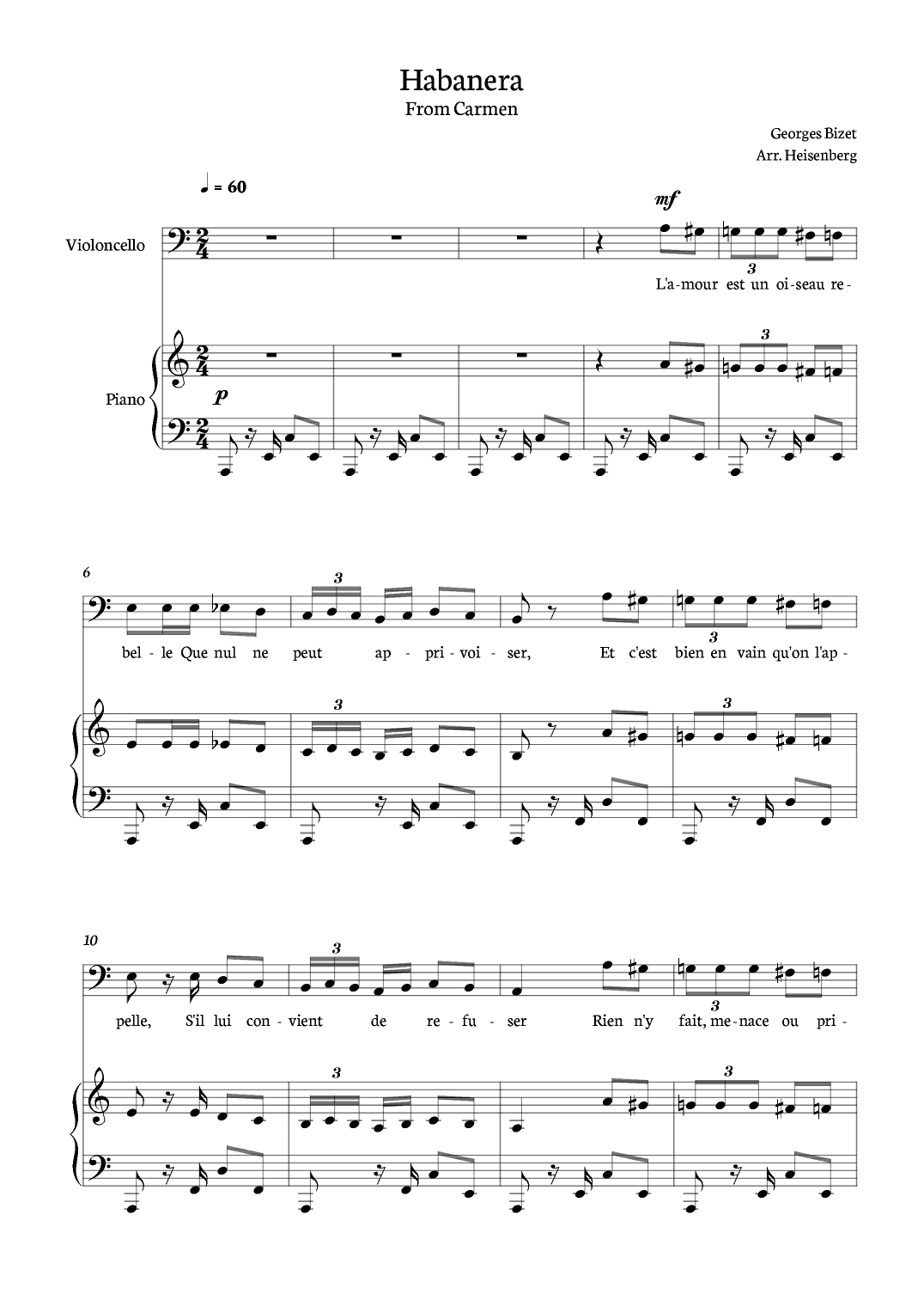 Habanera from Carmen for Cello with piano. (arr. Heisenberg)