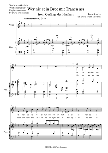 Wer nie sein Brot mit Tränen ass (Who never ate his bread with tears) for low voice and piano (arr. David Warin Solomons)