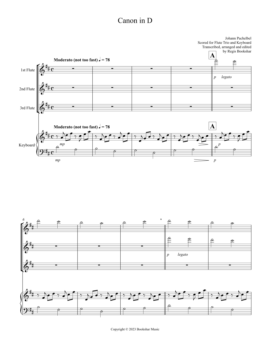 Canon in D (Pachelbel) (D) (Flute Trio, Keyboard) (arr. Regis Bookshar)