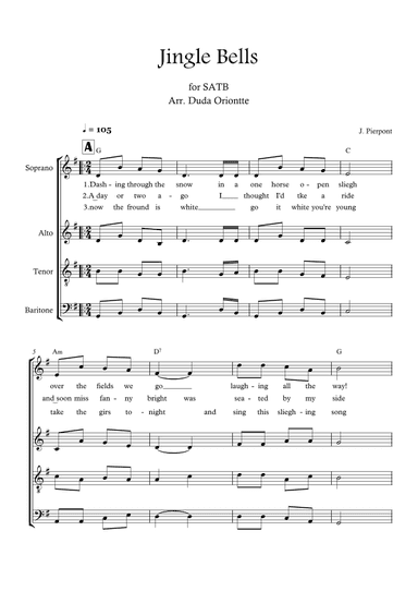 Jingle Bells (G major - SATB - with chords - no piano - four staff) (arr. Duda Oriontte)