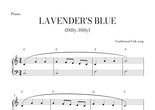 Lavender's blue for very easy piano w/ chords (arr. Lais Reis)