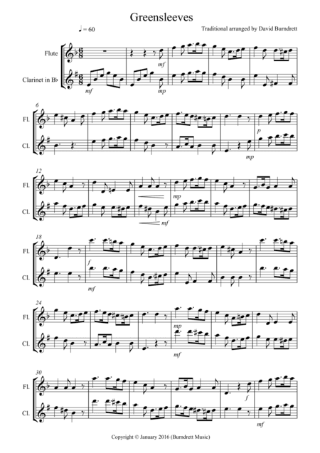 Greensleeves for Flute and Clarinet Duet (arr. David Burndrett)