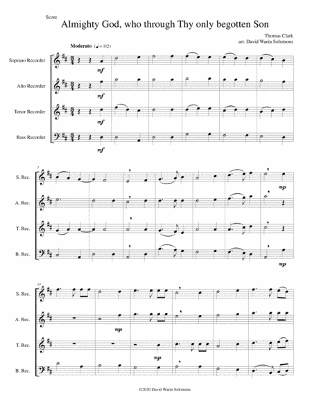 Almighty God, who through thy only begotten Son (Easter motet) for recorder quartet (arr. David Warin Solomons)