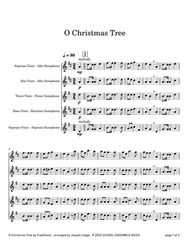 O Christmas Tree for Saxophone Quartet in Schools (arr. Joseph Judge)