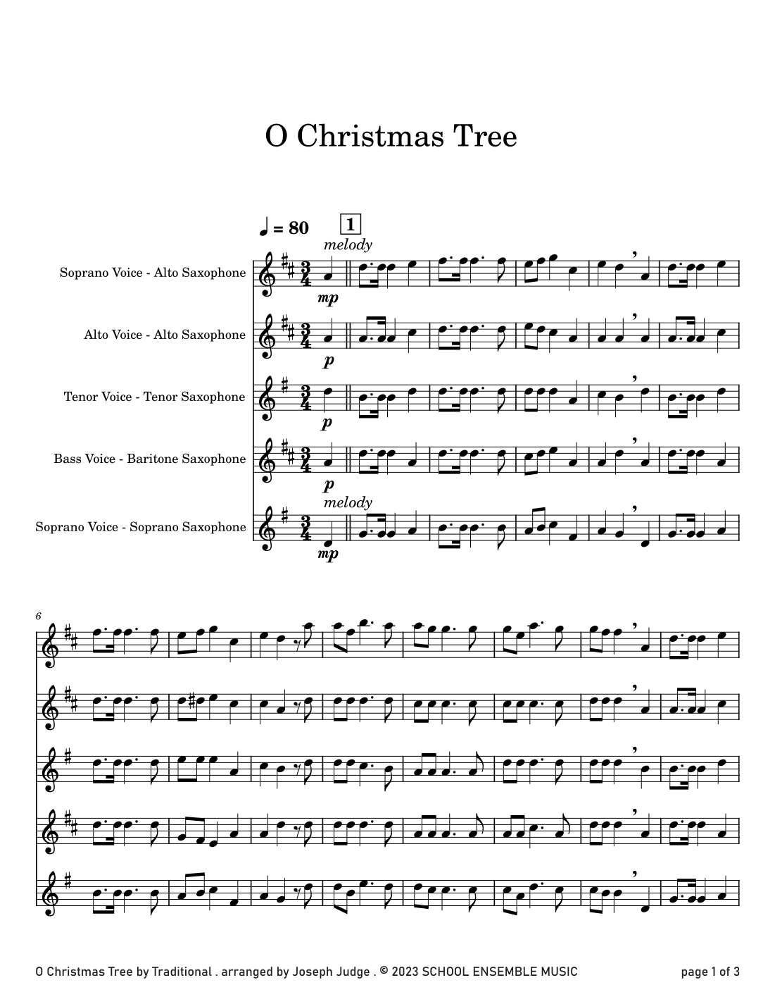 O Christmas Tree for Saxophone Quartet in Schools (arr. Joseph Judge)