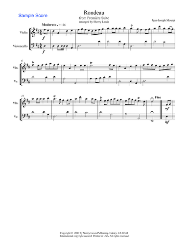 RONDEAU by Mouret, String Duo, Intermediate Level for violin and cello (arr. Sherry Lewis)