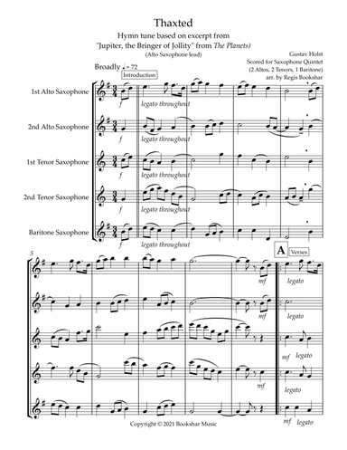 Thaxted (hymn tune based on excerpt from "Jupiter" from The Planets) (Bb) (Saxophone Quintet - 2 Alt (arr. Regis Bookshar)