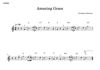 Amazing Grace (for violin, with piano or guitar accompaniment, and  with chord figures) (arr. Veridiana Oliveira)
