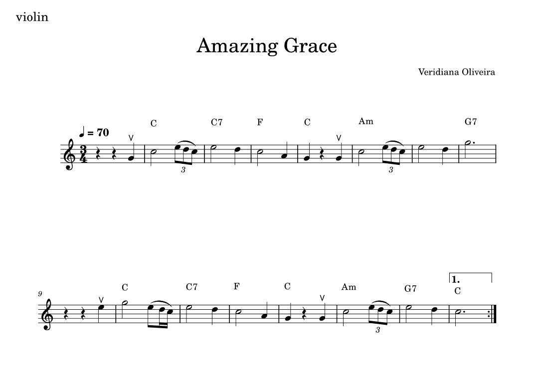 Amazing Grace (for violin, with piano or guitar accompaniment, and  with chord figures) (arr. Veridiana Oliveira)