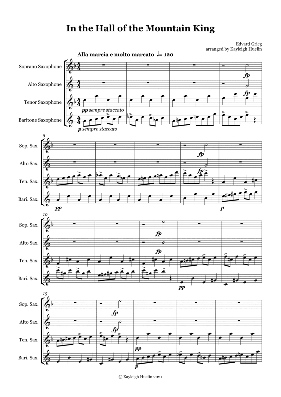 In the Hall of the Mountain King by Edvard Grieg - Saxophone quartet (SATB) (arr. Kayleigh Huelin)