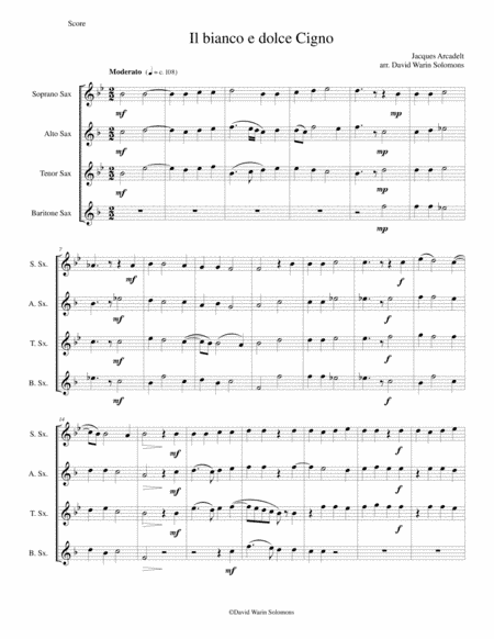 Il bianco e dolce cigno arranged for saxophone quartet (arr. David Warin Solomons)