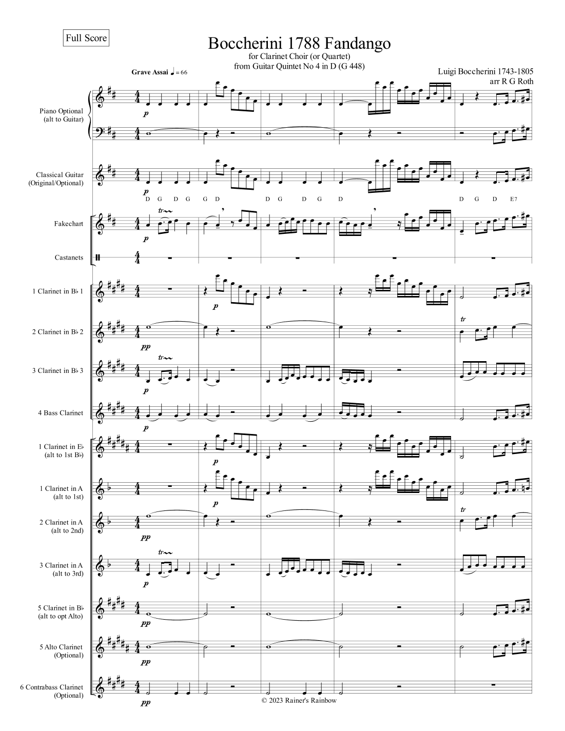 Boccherini 1788 Fandango Clarinet Quartet or Choir With Optional Piano or Guitar (arr. R G Roth)