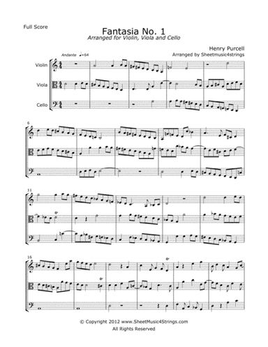 Purcell, H. - Fantasia No. 1 for Violin, Viola and Cello (arr. Linda M Scott)