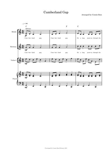 Cumberland Gap - duet, violin and piano (arr. Connie Boss)