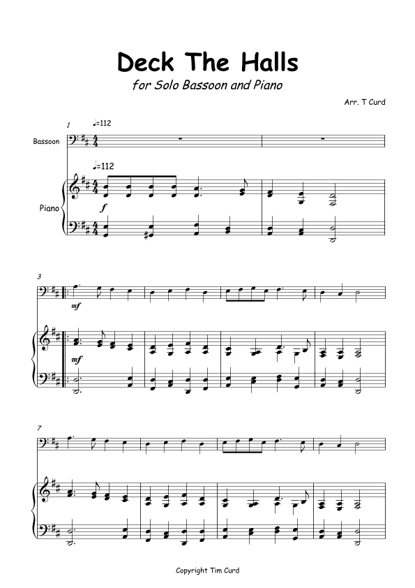 Deck The Halls for Solo Bassoon and Piano (arr. Tim Curd)
