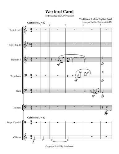 The Wexford Carol for Brass Quintet, Percussion (arr. Dan Boone (ASCAP))