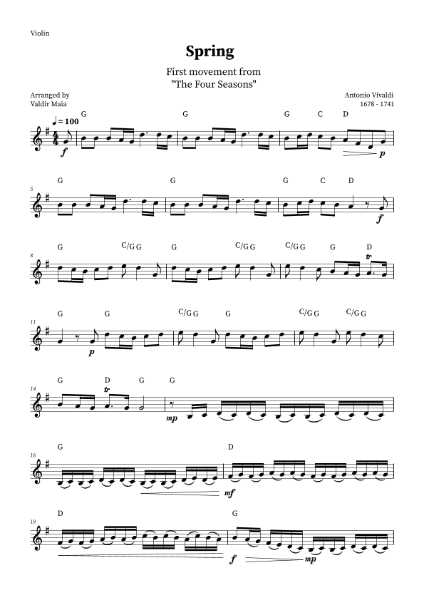 Spring - The Four Seasons for Violin Solo (G Major with chords) (arr. Valdir Maia)