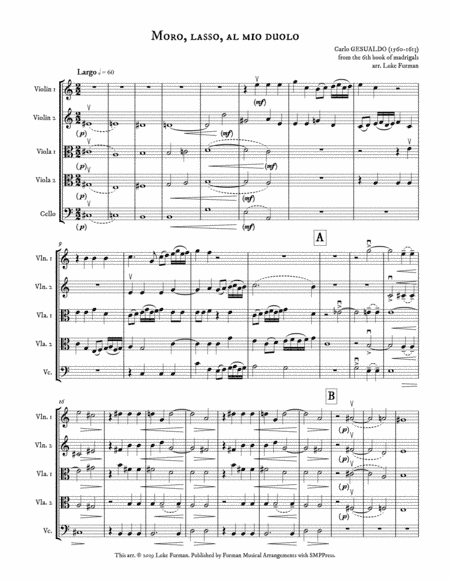 Moro, lasso, al mio duolo (Madrigal for String Quintet) (arr. Luke Furman)