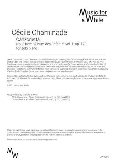 Cécile Chaminade - Canzonetta op. 123 no. 3 for solo piano (arr. Music for a While)